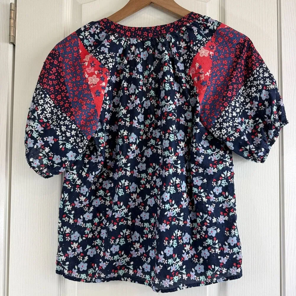 LOFT Women's Puff Sleeve Top Red White Blue Floral 100% Cotton Size XS